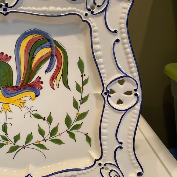 Beautiful white and blue 12 inch square painted rooster dish. - Picture 6 of 10